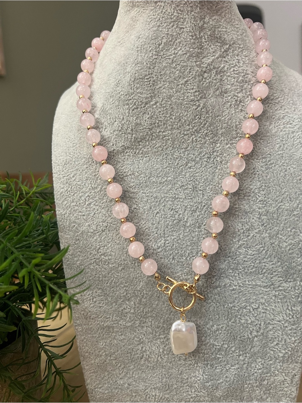 Gold & Pink Beaded Necklace with Faux Pearl Pendant